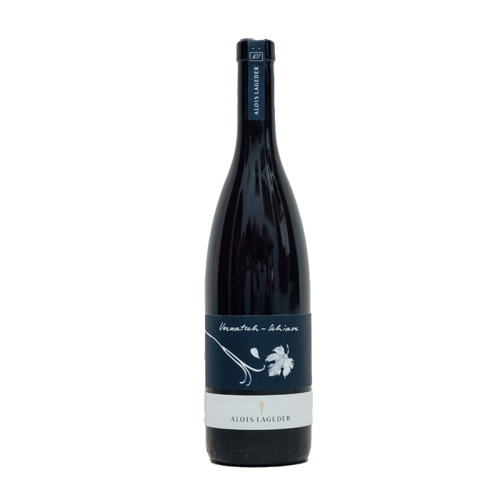 Alois Lageder Schiava wine bottle with dark glass and front label illustration