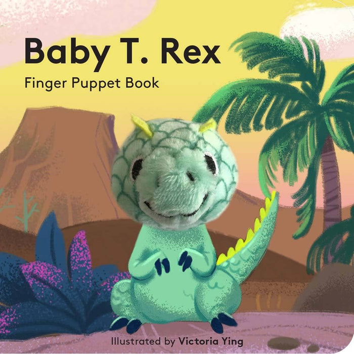 Finger puppet book cover with a green dinosaur and desert background