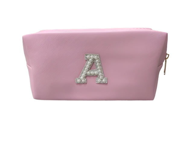 Cosmetic Bag- Pink w/Chenille Letter A in Pearls