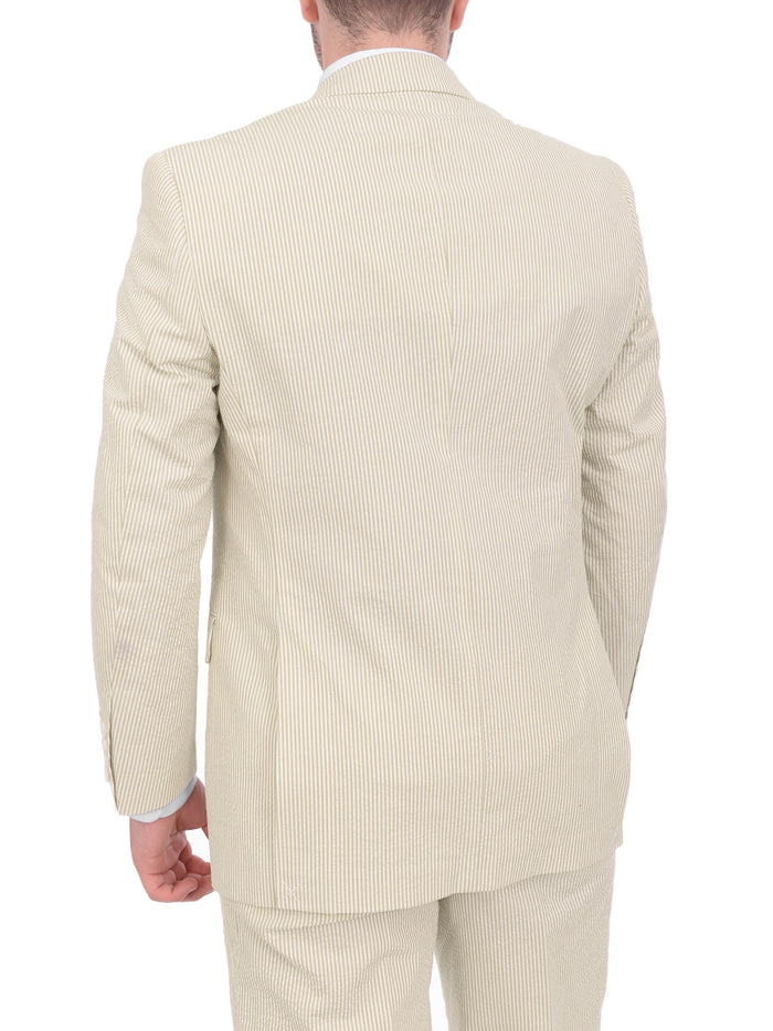 Emigre Classic Fit Tan Pinstriped Two Button Cotton Seersucker Blazer