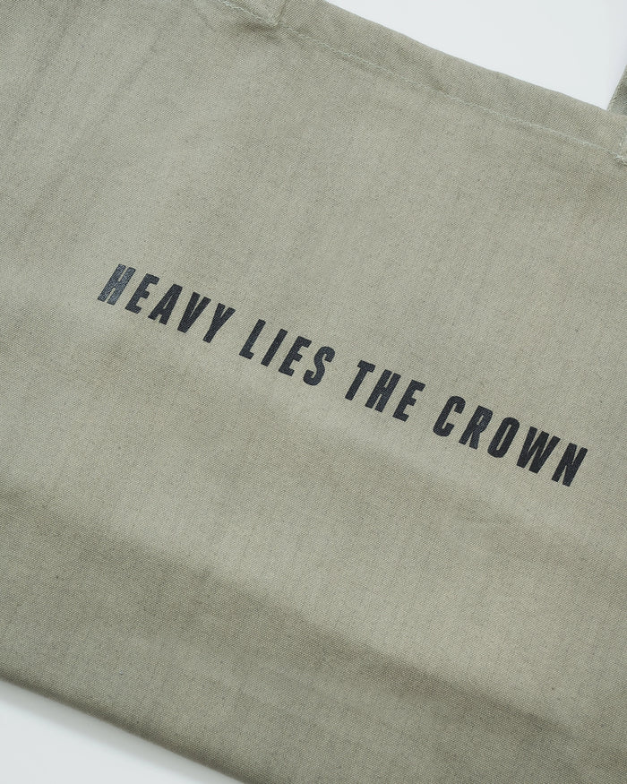 Kingz Heavy Lies the Crown Eco Bag - Text Detail Close-Up - Bold Canvas Typography BJJ Lifestyle Tote