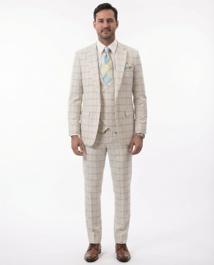 Kent & Park Mens Tan & Teal Plaid Classic Fit 3 Piece Suit