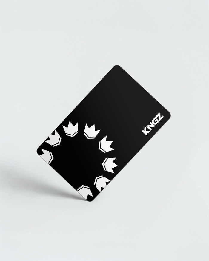 Kingz e-Gift Card Black - Angled View Black Card White Crown Pattern KINGZ Text Diagonal Design Gift Card BJJ Gear Apparel