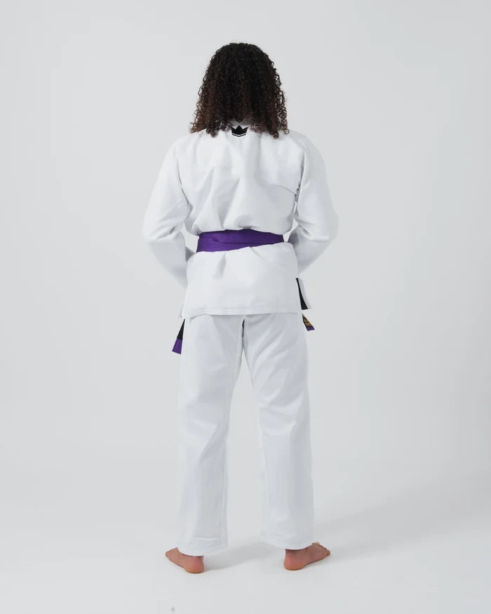 Kingz Kore V2 Women's BJJ Gi White - Upper Body Back View Crown Logo Collar Detail Female Athlete Purple Belt