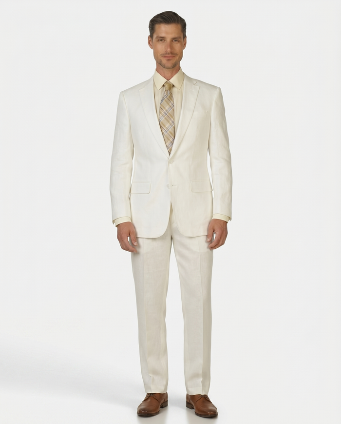 Label E Men's Solid White Classic Fit 100% Linen Suit - The Suit Depot