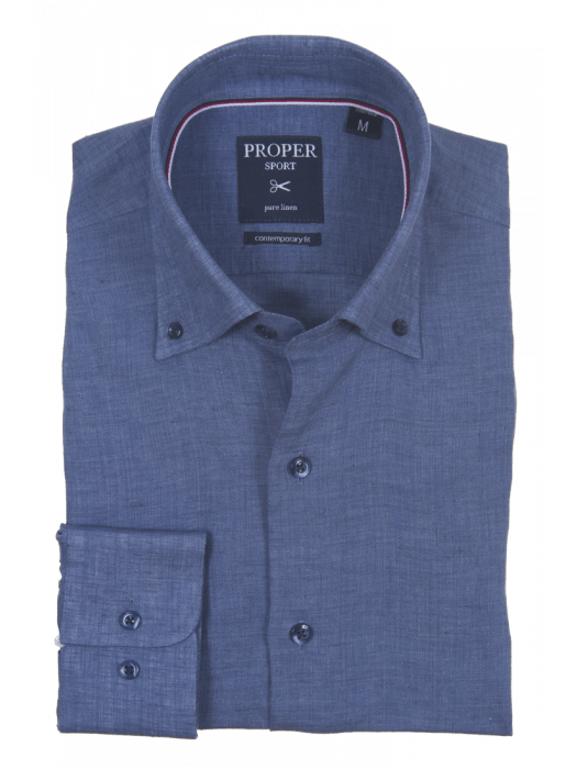 Mens Navy Blue Modern Fit Spread Collar 100% Linen Dress Shirt - The Suit Depot