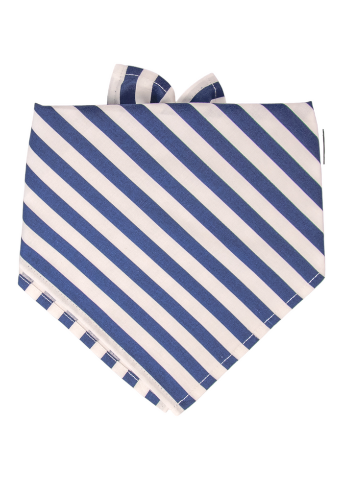 A crisp white and navy blue dog bandana with diagonal stripes and a pointed hem, tied at the back for a classic and preppy look, perfect for summer or nautical-themed occasions.