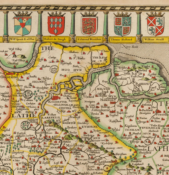 Old Map of Kent in 1611 by John Speed - Dartford, Maidstone, Bromley, Tunbridge, Gillingham, Chatham
