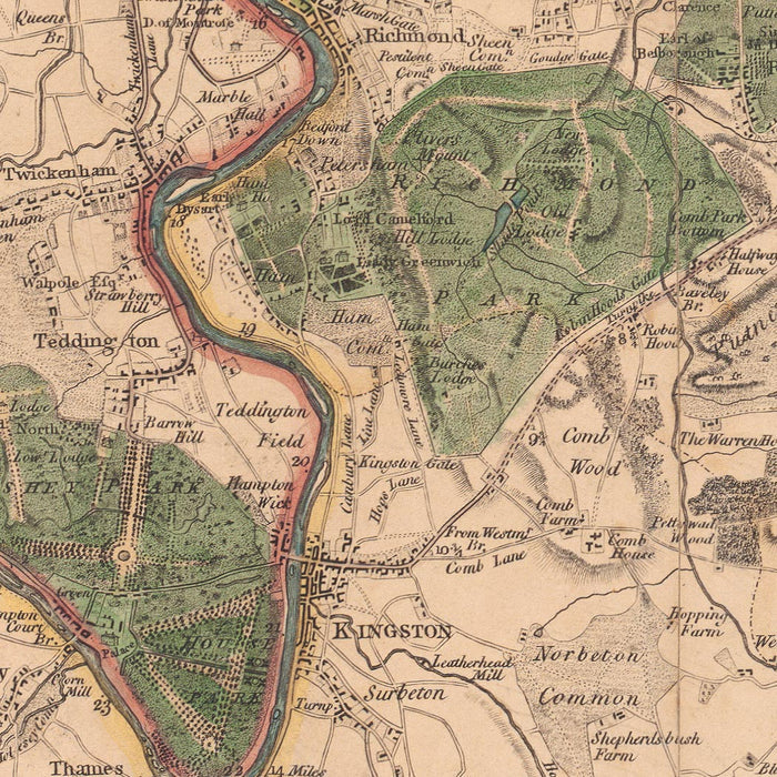 Old Map of London and Suburbs (25 miles) in 1790, by W. Faden - Kent, Sussex, Surrey, Essex, Middlesex, Hertfordshire