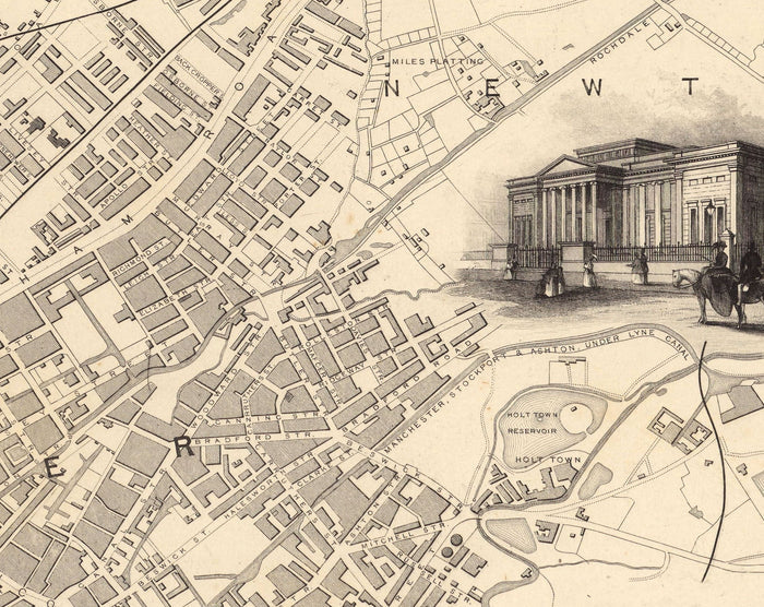 Old Map of Manchester and Environs by John Rapkin, 1851 - Town Hall, Royal Infirmary, Train Stations