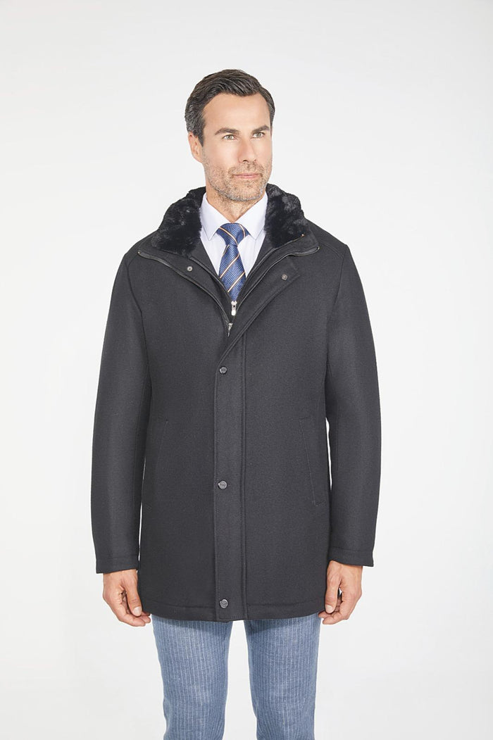 Pierre Carlos Mens Solid Black Wool Cashmere Blend 3/4 Length Overcoat