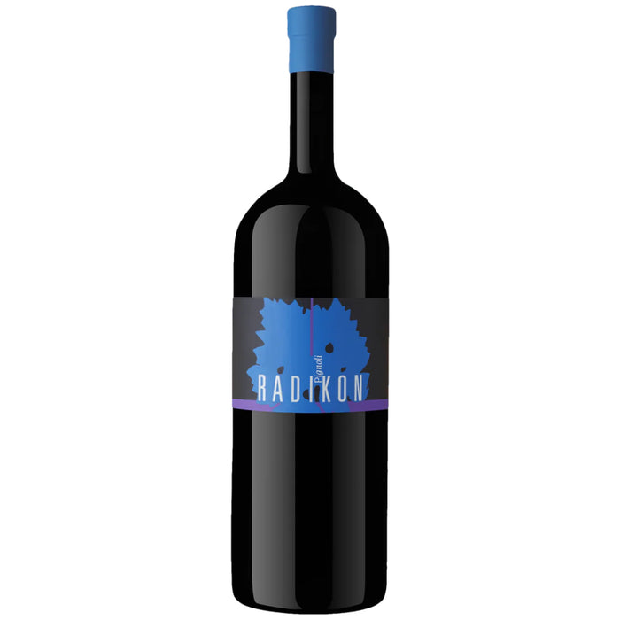 Radikon wine bottle with dark label and blue cap