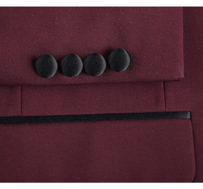 Raphael Solid Burgundy Slim Fit With Black Satin Shawl Lapels Tuxedo Suit - The Suit Depot