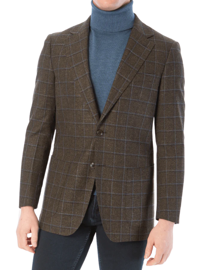 Sartoria Mazara Mens Classic Fit Brown & Blue Check Two Button Stretch Blazer Sportcoat - The Suit Depot