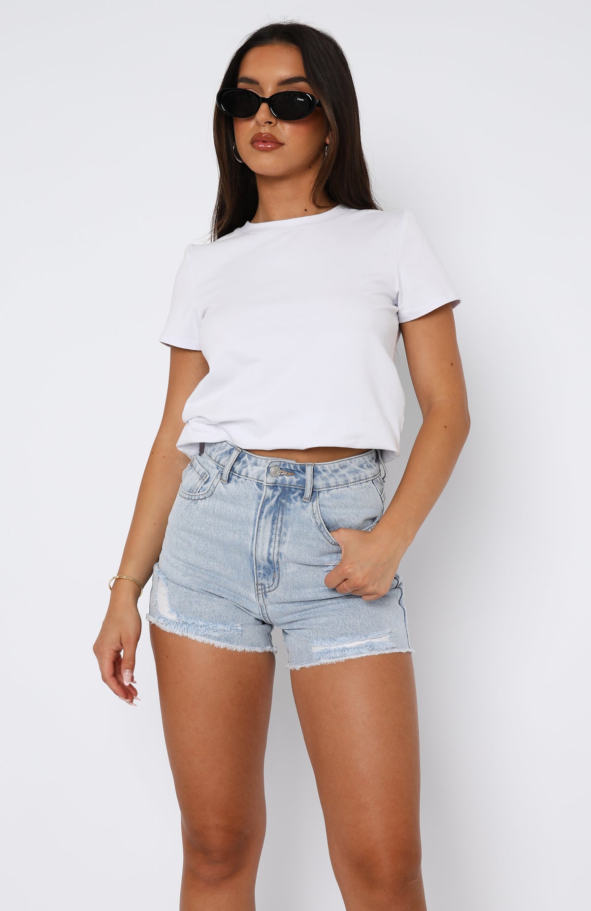 What Are We Denim Shorts Powder Blue Wash