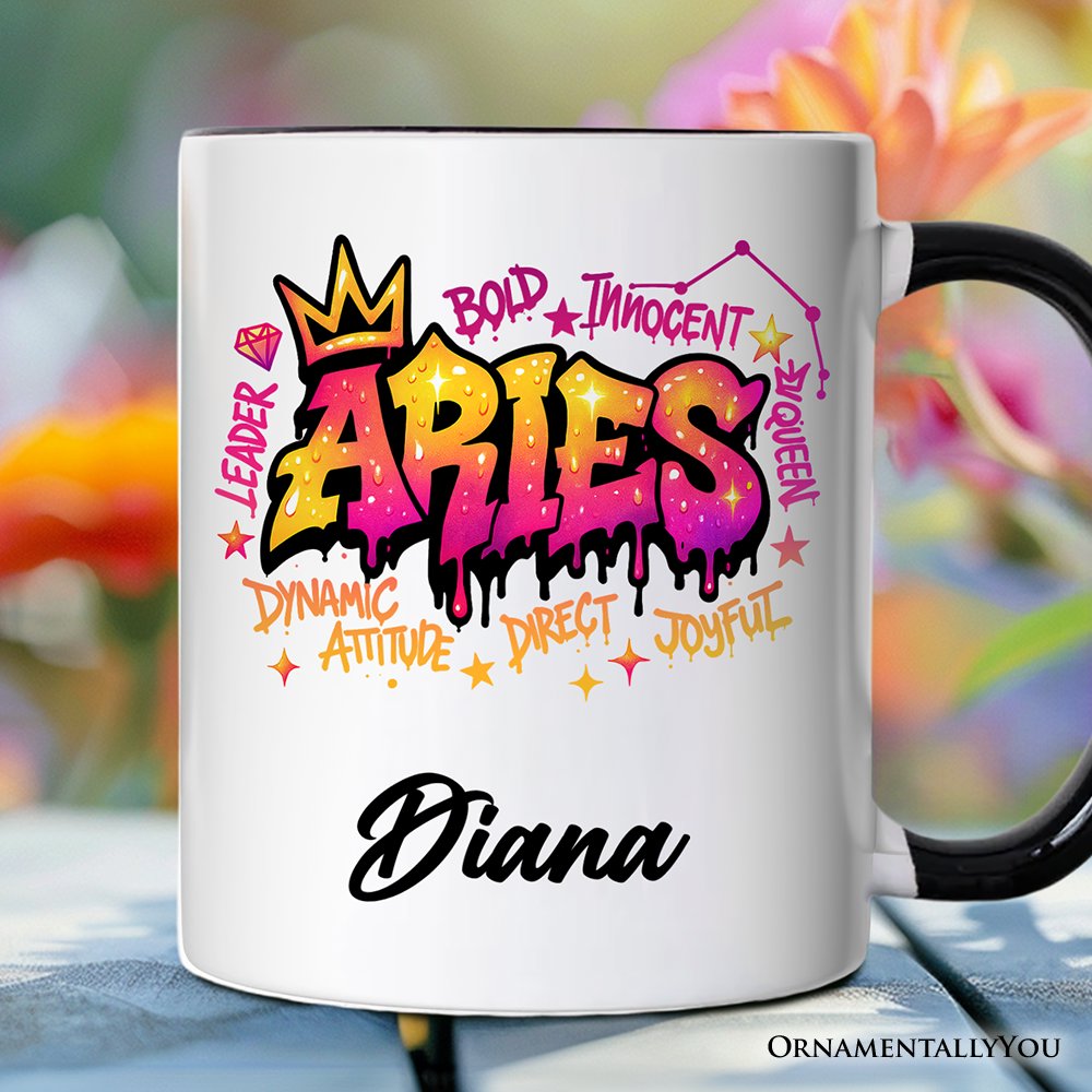 Aries Graffiti Zodiac Personalized Mug, Street Style Astrology Horoscope Gift with Custom Name