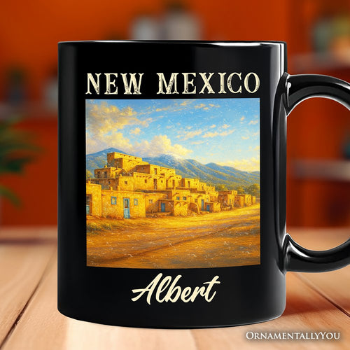 Artistic New Mexico State Taos Pueblo Personalized Mug, Native American Heritage Gift and Southwestern Cultural Souvenir with Custom Name