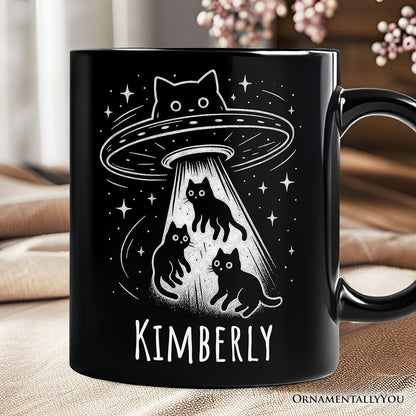 Alien Cat Abduction Personalized Mug, Funny UFO Space Cats Cosmic Gift with Custom Name