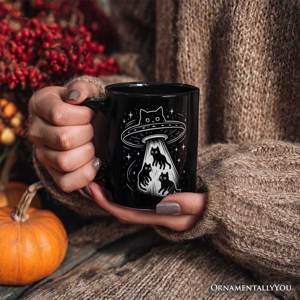 Alien Cat Abduction Personalized Mug, Funny UFO Space Cats Cosmic Gift with Custom Name