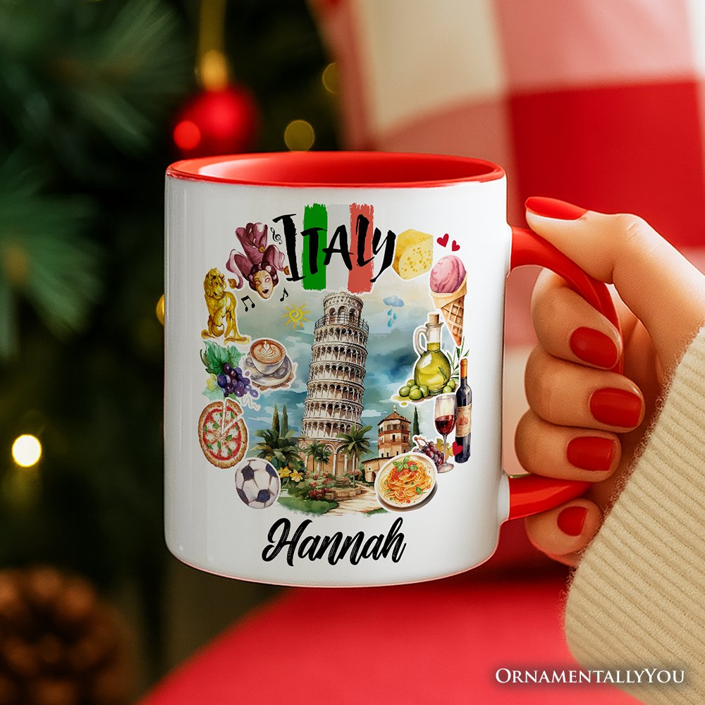 Artistic Italy Landmarks Personalized Mug, Italian Gift and Souvenir with Custom Name