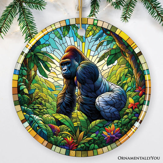 A Primate Safari Gorilla Stained Glass Style Ceramic Ornament, African Animals Christmas Gift and Decor