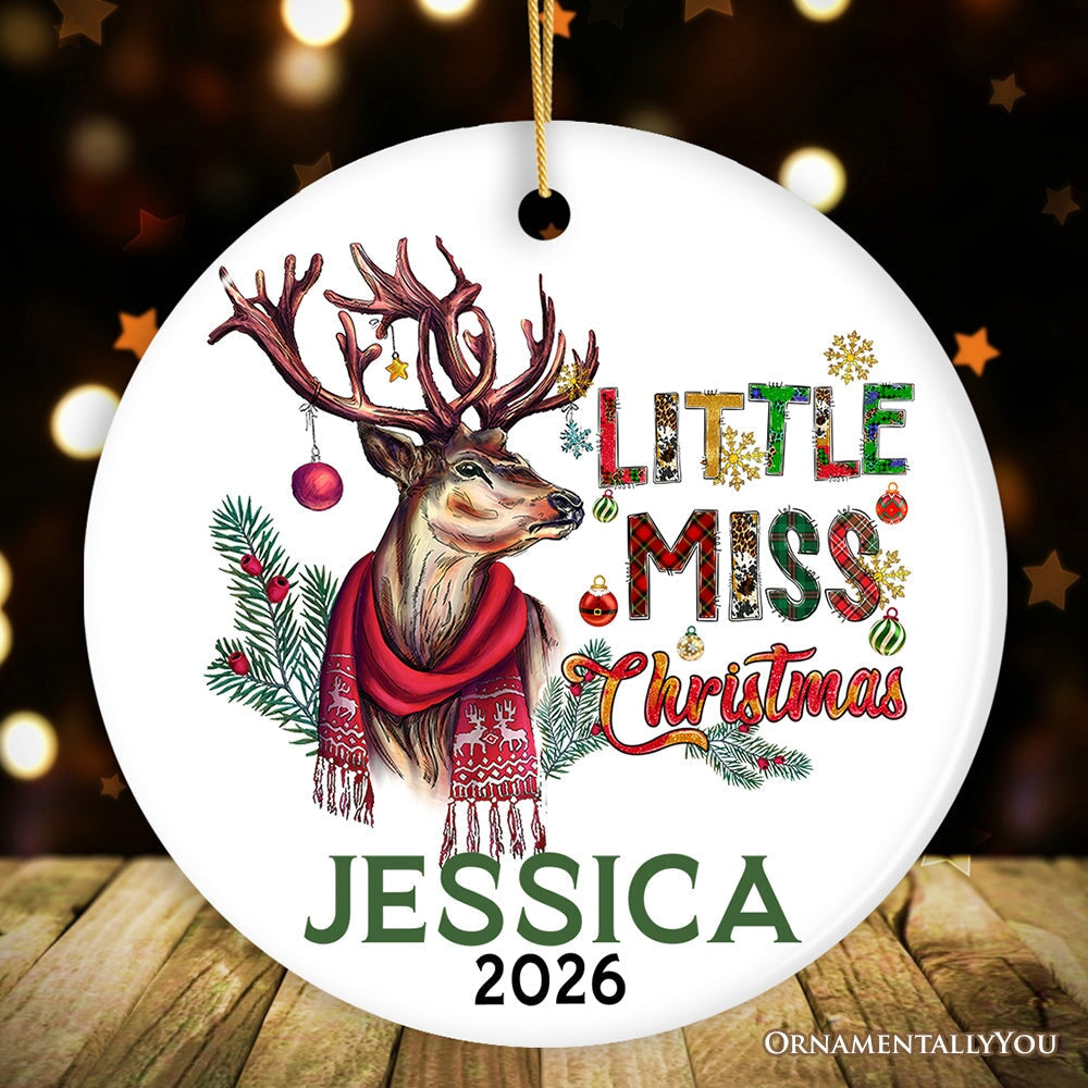Artistic Little Miss Christmas Personalized Ornament, Deer Keepsake Custom Gift