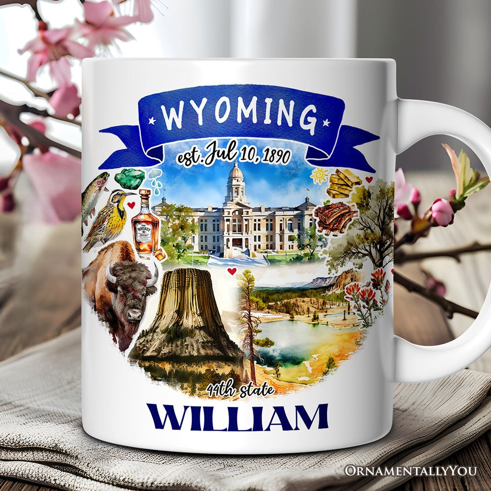 Artistic Wyoming State Themes and Landmarks Personalized Mug With Custom Name