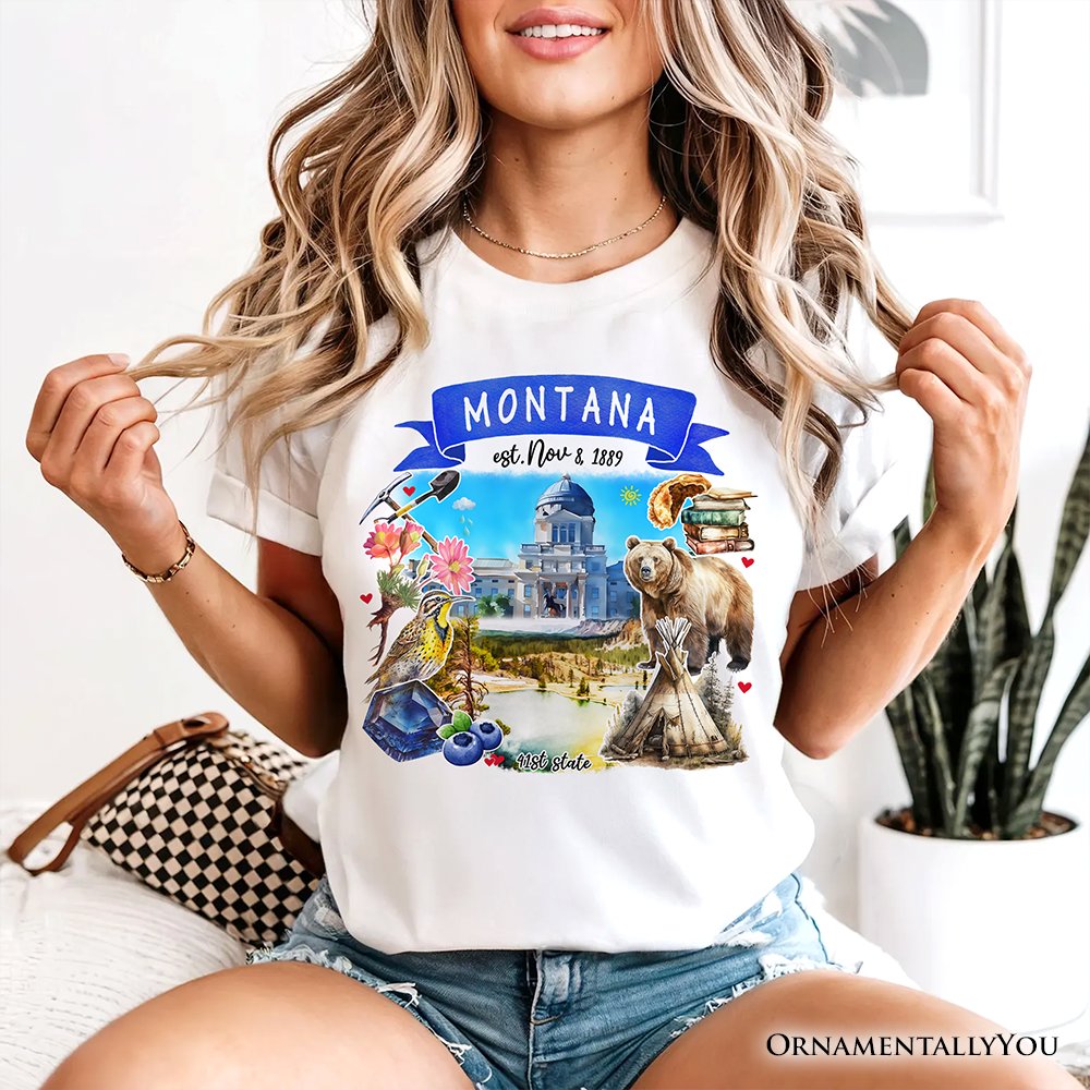 Artistic Montana State Themes and Landmarks T-Shirt, Tee for History and Travel Lovers