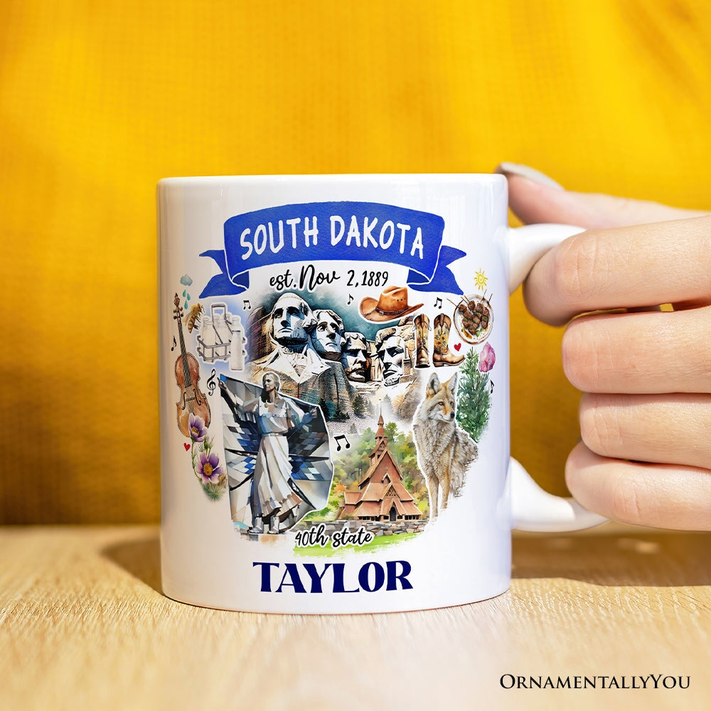 Artistic South Dakota State Themes and Landmarks Personalized Mug With Custom Name