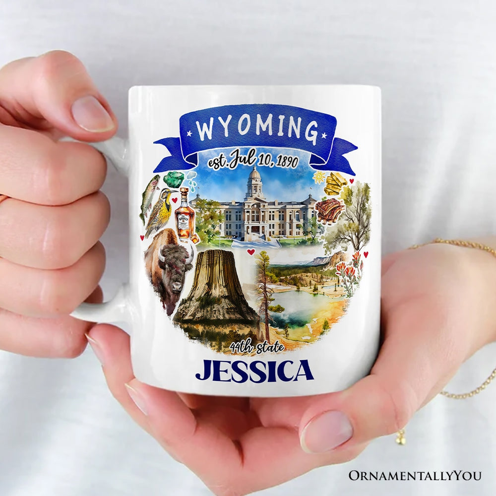 Artistic Wyoming State Themes and Landmarks Personalized Mug With Custom Name