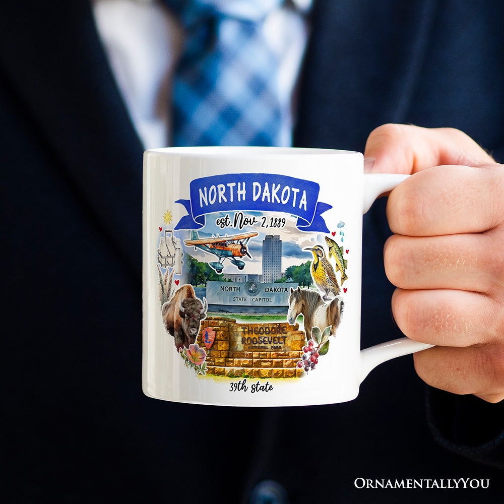 Artistic North Dakota State Themes and Landmarks Personalized Mug With Custom Name