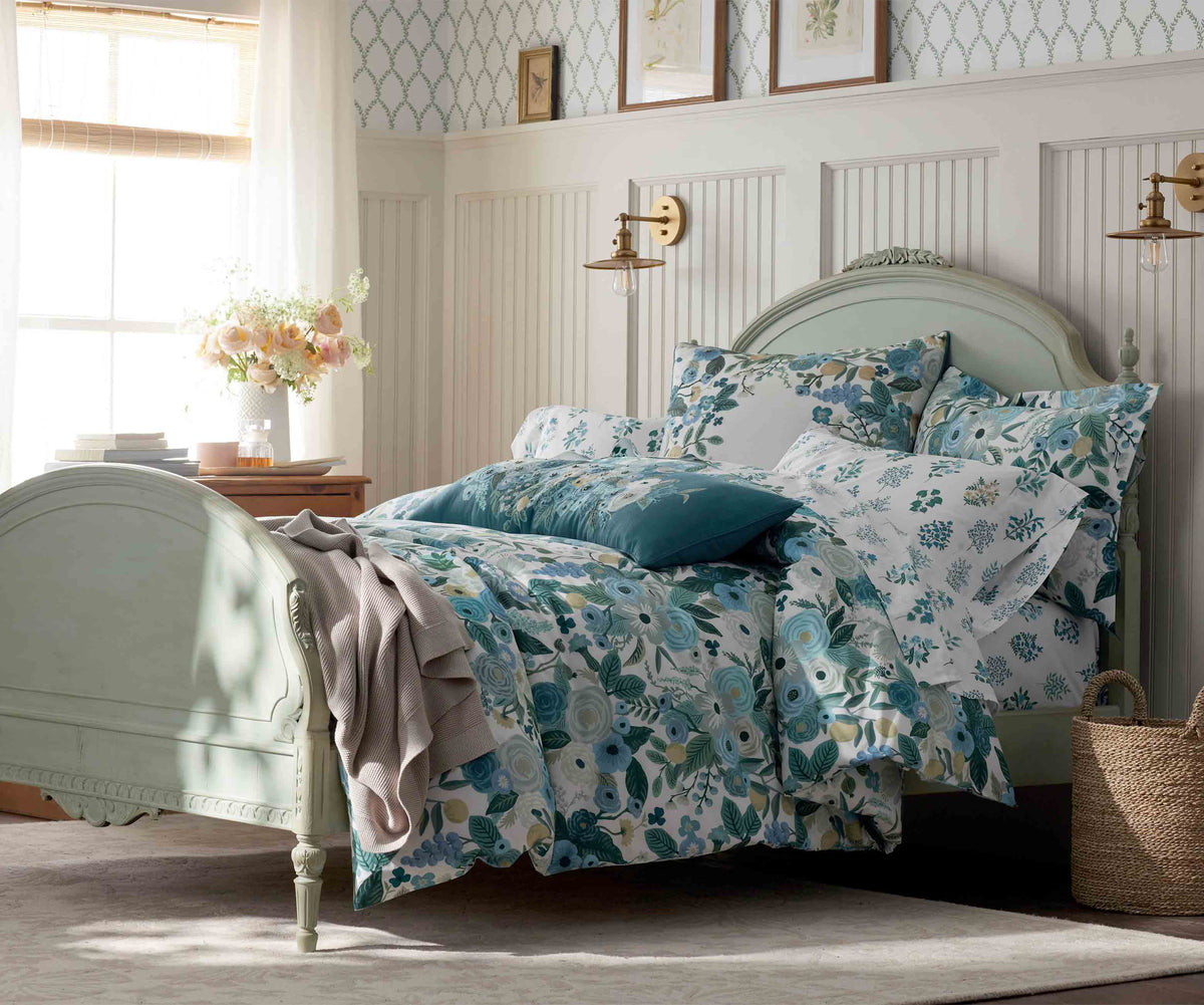 Embroidered Pillow Cover - Garden Party Blue