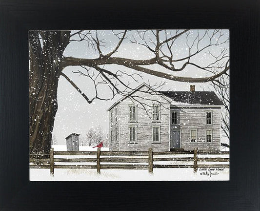 Framed winter farmhouse wall art by Billy Jacobs showing a snowy rural scene with a worn farmhouse, outhouse, bare winter tree, wooden fence, and a red cardinal perched on a fence post. A Little Snow House by Billy Jacobs BJ1127 - Summer Snow Art