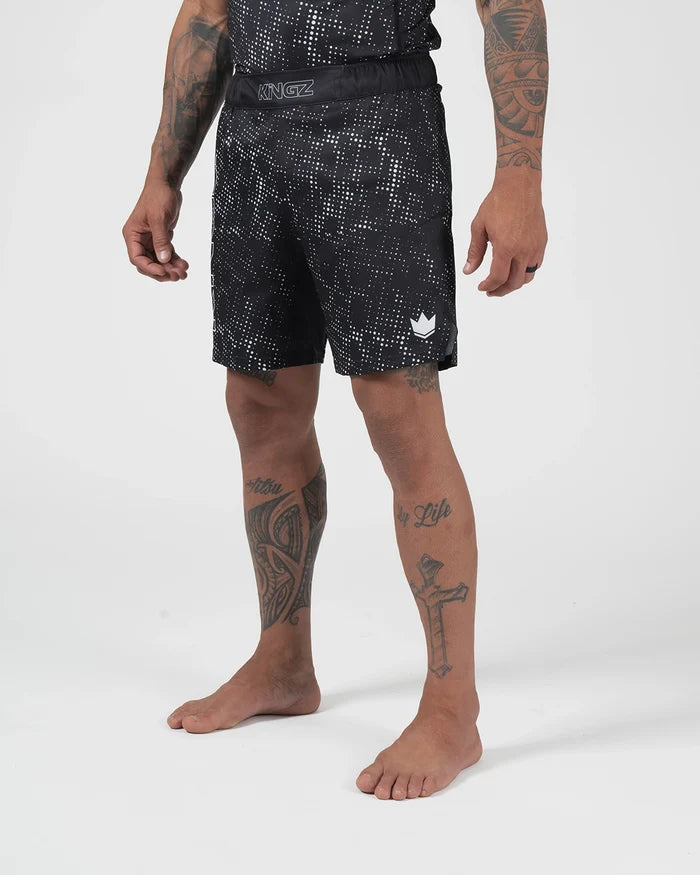 Kingz Acid Wash Shorts Black - Full Body Right Side Profile Tattooed Male Athlete Black White Dot Acid Wash Pattern KINGZ Waistband Text White Crown Logo Right Thigh Competition Cut Men's Grappling Shorts No-Gi BJJ [color:Black/Patterned]