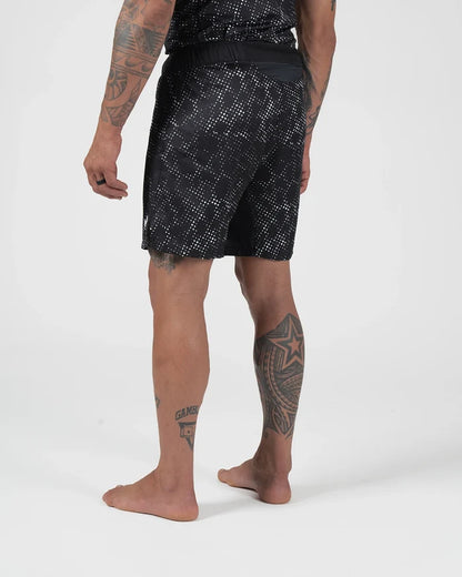 Kingz Acid Wash Shorts Black - Full Body Left-Back Side Profile Tattooed Male Athlete Black White Dot Acid Wash Pattern Competition Cut Men's Grappling Shorts No-Gi BJJ [color:Black/Patterned]