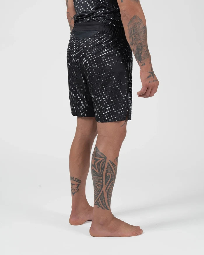 Kingz Acid Wash Shorts Black - Full Body Left Side Profile Tattooed Male Athlete KINGZ Text Left Leg Black White Dot Acid Wash Pattern Sublimated Competition Cut Men's Grappling Shorts No-Gi BJJ [color:Black/Patterned]