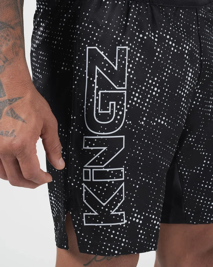 Kingz Acid Wash Shorts Black - Close Up Leg Detail KINGZ Large Outline White Hollow Text Left Leg Black Base White Dot Acid Wash Pattern Sublimated Texture Branding Detail Men's Grappling Shorts No-Gi BJJ [color:Black/Patterned]