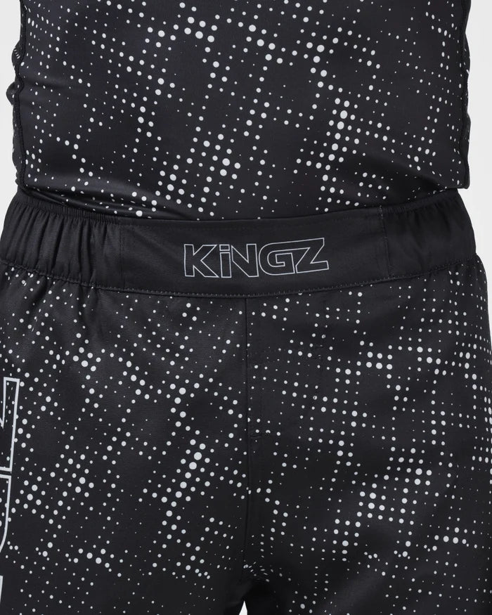 Kingz Acid Wash Shorts Black - Close Up Waistband Detail KINGZ Outline White Text Waistband Black Base White Dot Acid Wash Gradient Pattern Sublimated Fabric Texture Men's Grappling Shorts No-Gi BJJ [color:Black/Patterned]