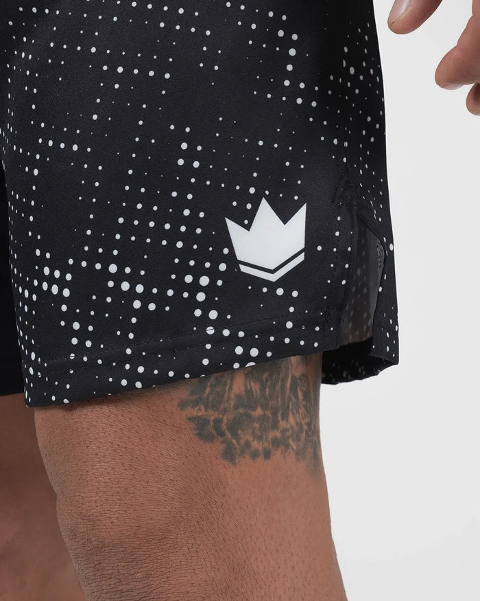 Kingz Acid Wash Shorts Black - Close Up Crown Badge Detail Large White Kingz Crown Logo Right Thigh Black Base White Dot Acid Wash Gradient Pattern Sublimated Fabric Side Seam Visible Men's Grappling Shorts No-Gi BJJ [color:Black/Patterned]