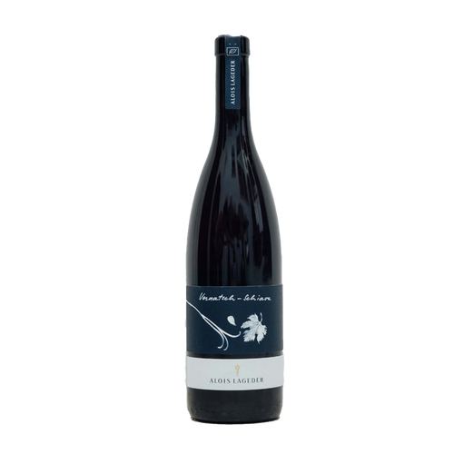 Alois Lageder Schiava wine bottle with dark glass and front label illustration