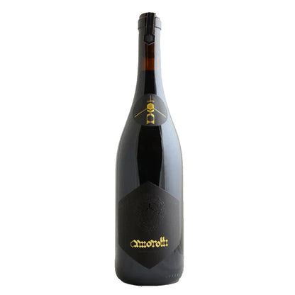 Amorotti Montepulciano wine bottle with black glass and gold label