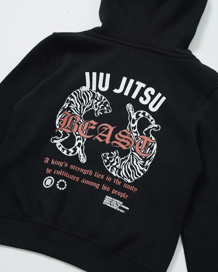 Kingz Beast Youth Hoodie - Back Graphic Detail - Close Up Tiger Artwork Print - Black - Youth BJJ Hoodie [color:Black]