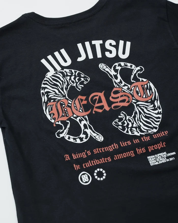 Kingz Beast Youth Tee - Print Detail - Twin Tiger Beast Back Artwork Macro - Black Youth BJJ Tee [color:Black]