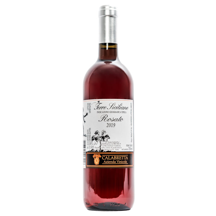 Calabretta rosé wine bottle with silver cap and front label