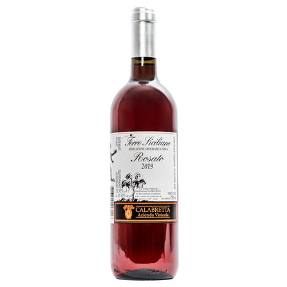 Calabretta rosé wine bottle with silver cap and front label