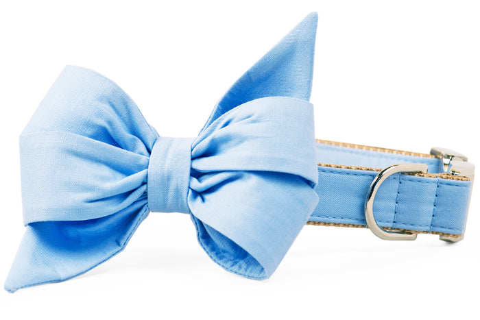 Light blue dog collar with a matching oversized double-loop bow, featuring a pointed tail and silver-tone hardware including a sturdy D-ring and side-release buckle.