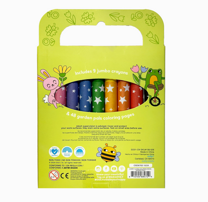 Packaging of crayons with illustrations of a rabbit, frog, and butterfly on a green background.