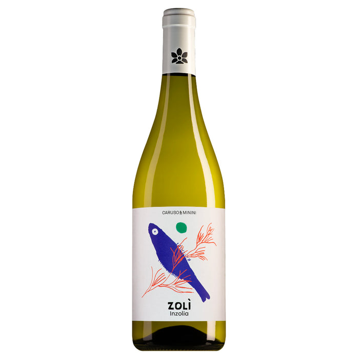 White wine bottle with Zoli Inzolia label, Caruso e Minini