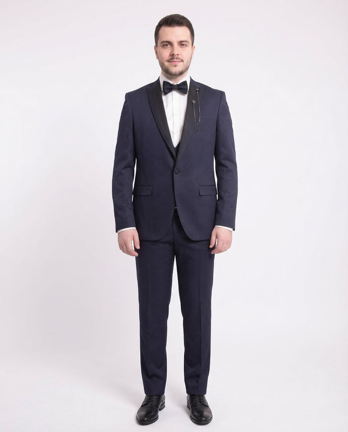 Cemden Extra Slim Fit Navy Blue Textured One Button Tuxedo