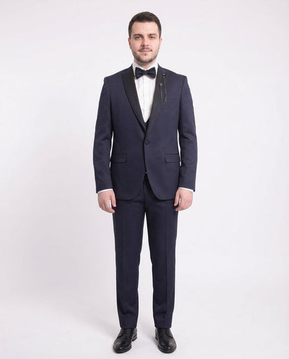 Cemden Extra Slim Fit Navy Blue Textured One Button Tuxedo